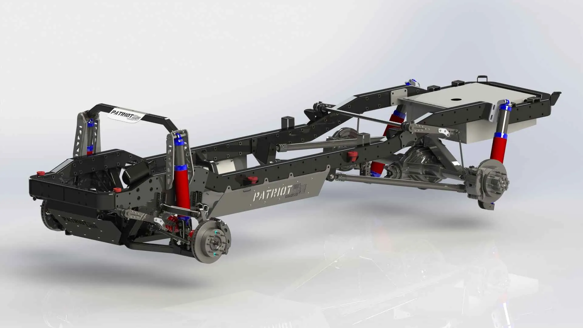 Full Isometric Chassis &mdash; Patriot Chassis complete rolling platform showing IFS front suspension, triangulated 4-link rear, and full drivetrain integration